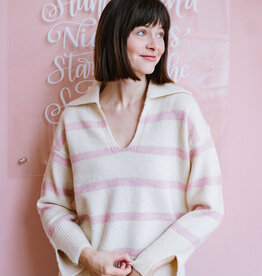Molly Bracken Aero Polo Collar Sweater in Pink Stripe