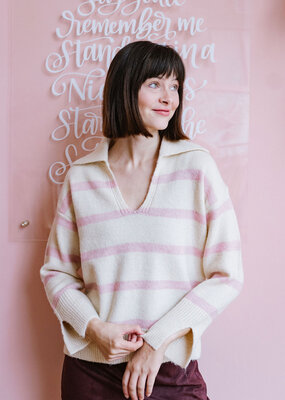 Molly Bracken Aero Polo Collar Sweater in Pink Stripe