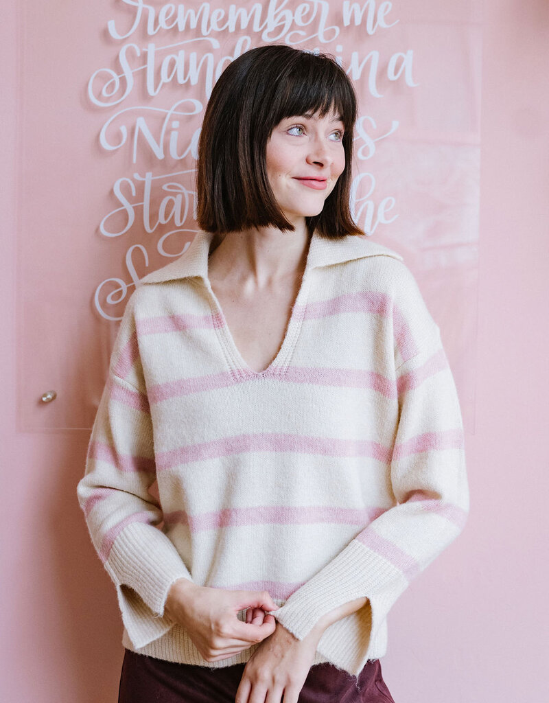 Molly Bracken Aero Polo Collar Sweater in Off White and Pink Stripe