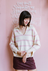 Molly Bracken Aero Polo Collar Sweater in Off White and Pink Stripe
