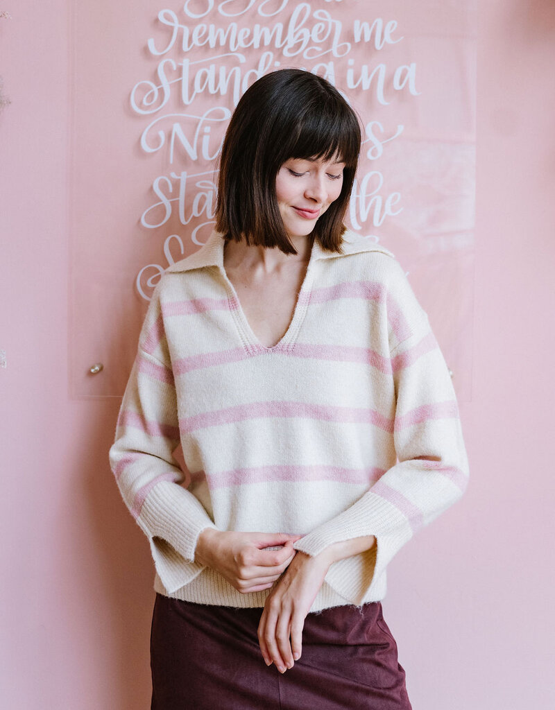 Molly Bracken Aero Polo Collar Sweater in Off White and Pink Stripe