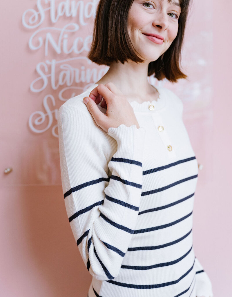 Molly Bracken Marie Knit Henley with Scallop Detail