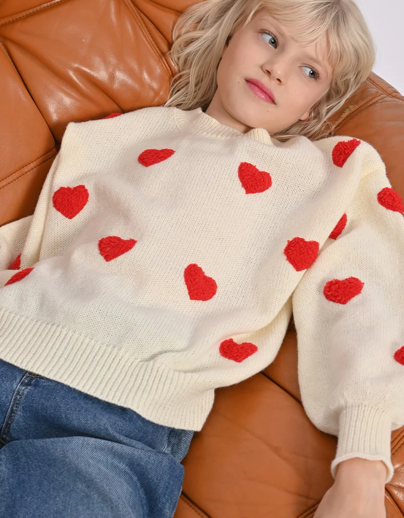 Molly Bracken Kids Dovey Girl's Knit Sweater with Red Hearts