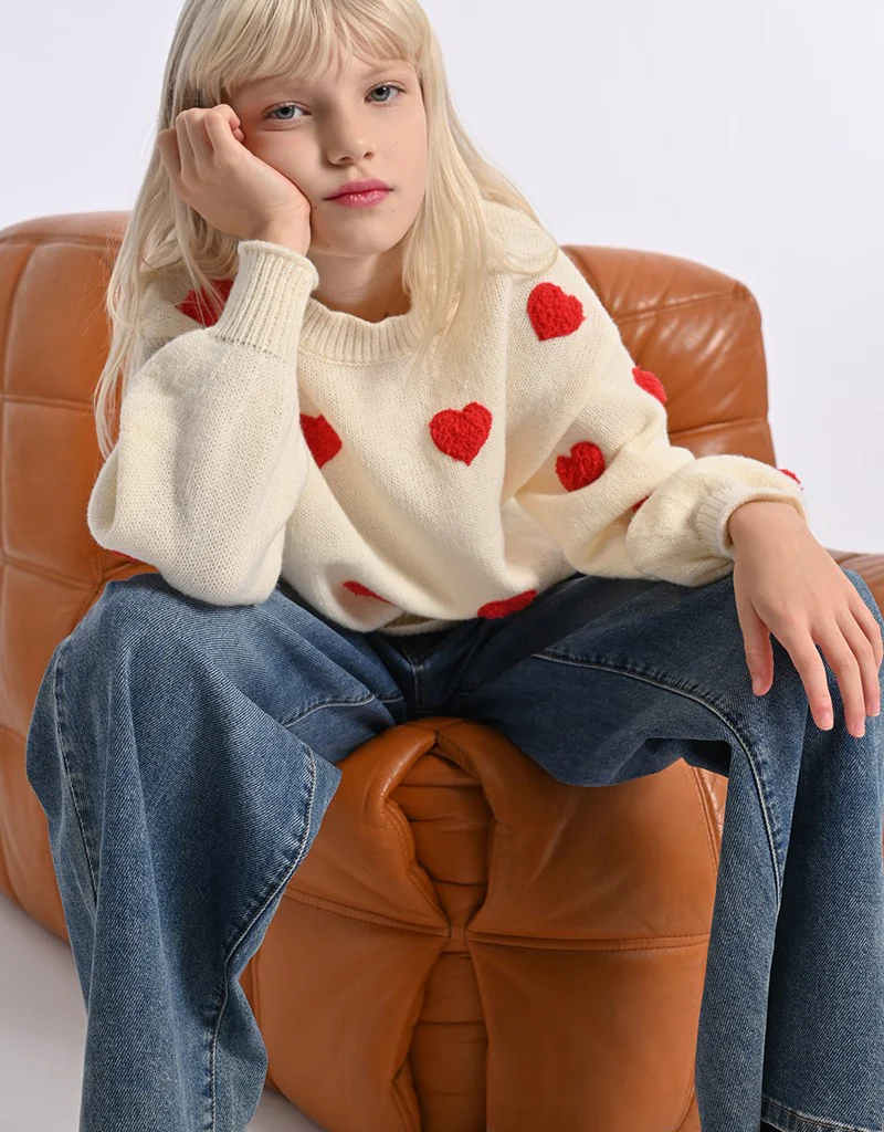 Molly Bracken Kids Dovey Girl's Knit Sweater with Red Hearts