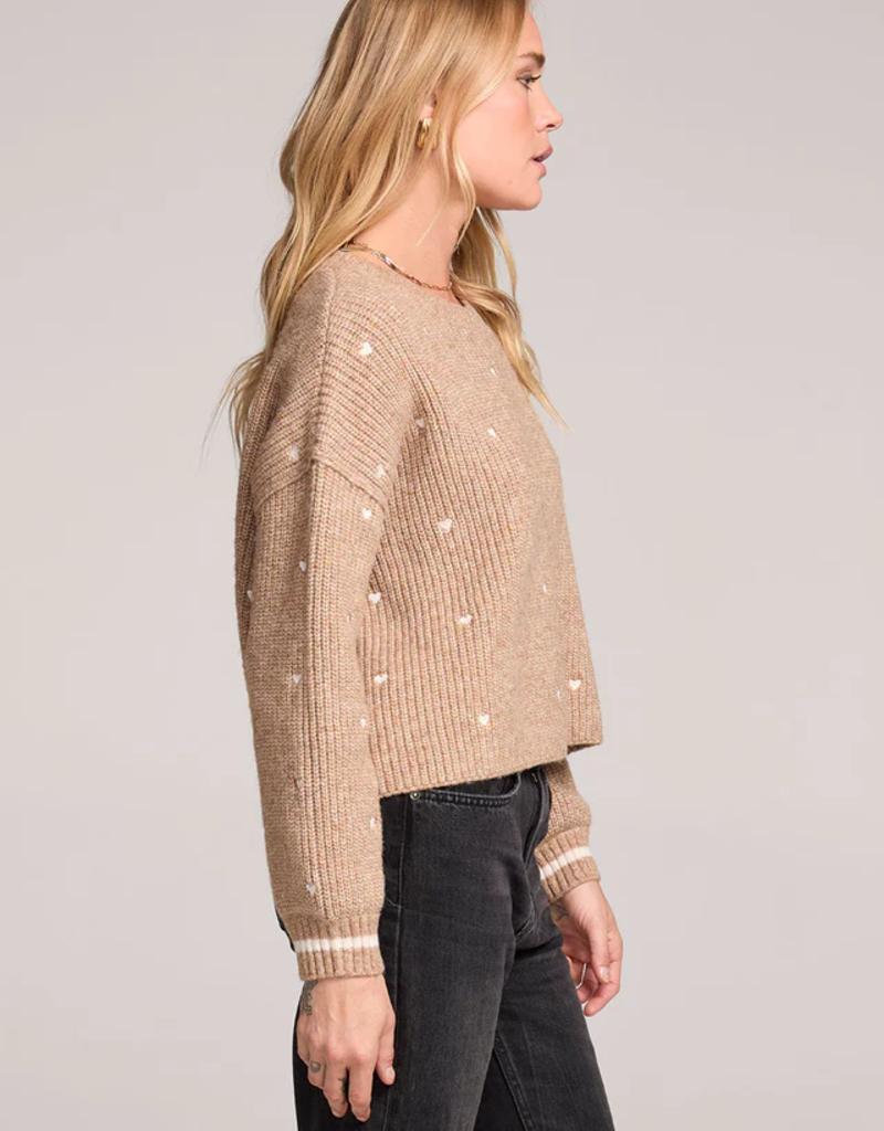 Saltwater Luxe Charmer Embroidered Heart Sweater in Mocha