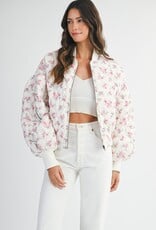 Mable Jessica Quilted Bomber Jacket with Puff Sleeves in Pink Floral