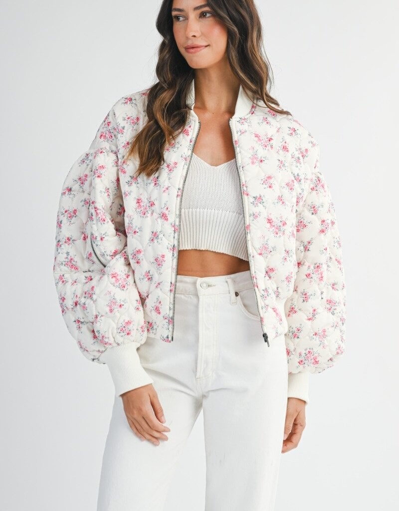 Mable Jessica Quilted Bomber Jacket with Puff Sleeves in Pink Floral
