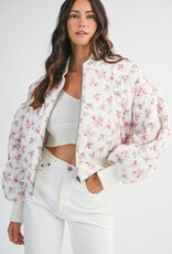 Mable Jessica Quilted Bomber Jacket with Puff Sleeves in Pink Floral