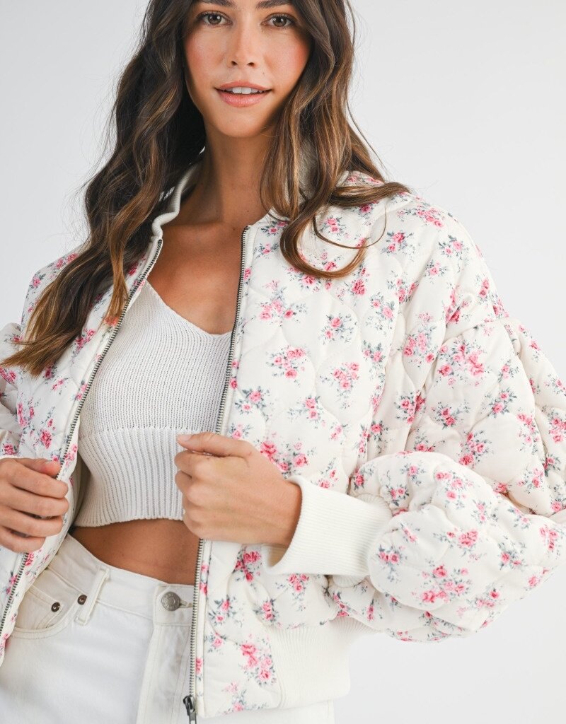Mable Jessica Quilted Bomber Jacket with Puff Sleeves in Pink Floral