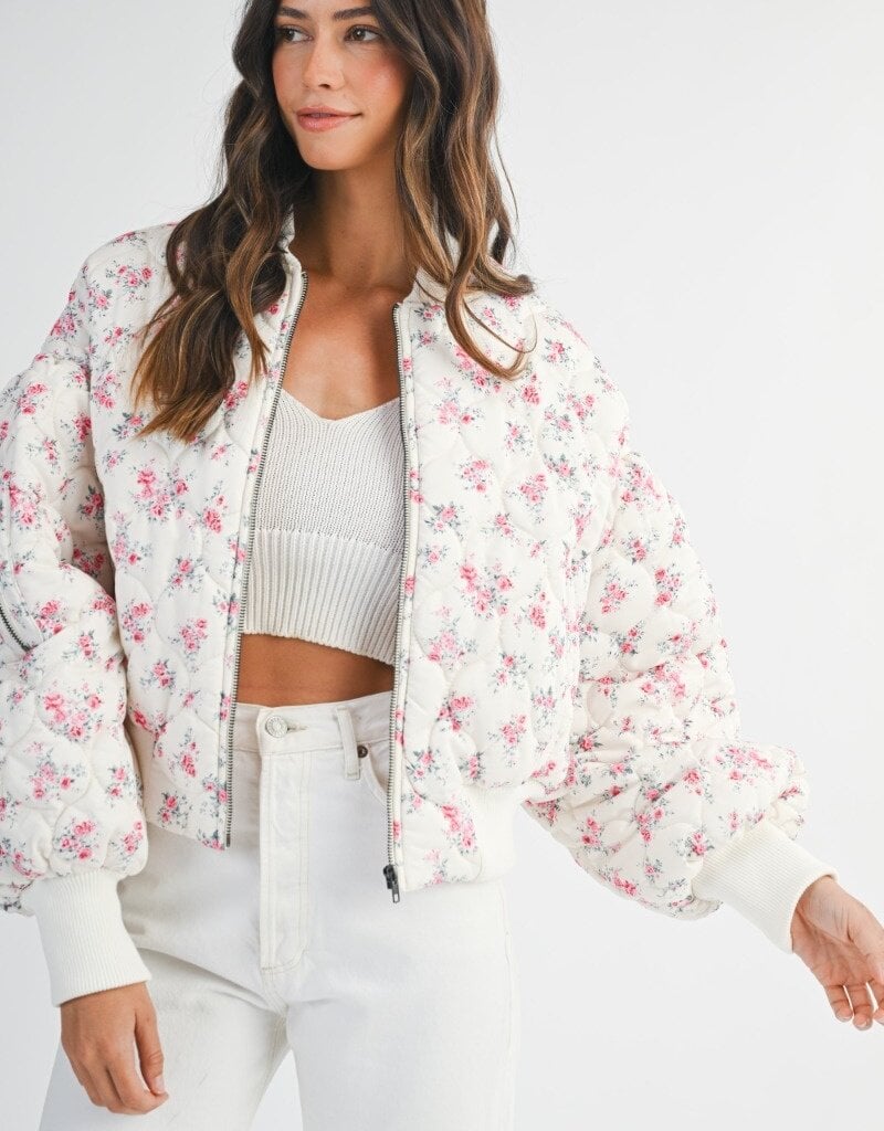 Mable Jessica Quilted Bomber Jacket with Puff Sleeves in Pink Floral