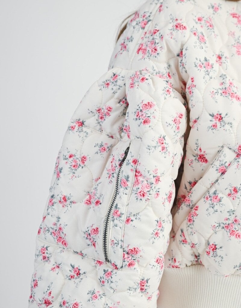 Mable Jessica Quilted Bomber Jacket with Puff Sleeves in Pink Floral
