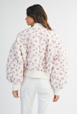 Mable Jessica Quilted Bomber Jacket with Puff Sleeves in Pink Floral