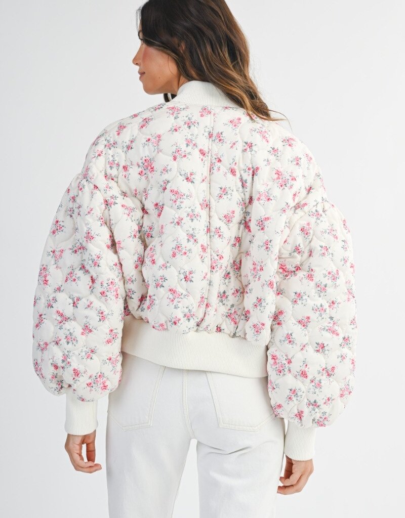 Mable Jessica Quilted Bomber Jacket with Puff Sleeves in Pink Floral