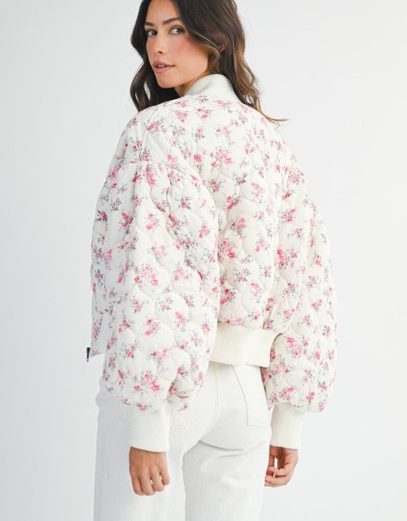Mable Jessica Quilted Bomber Jacket with Puff Sleeves in Pink Floral