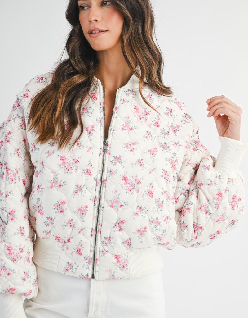 Mable Jessica Quilted Bomber Jacket with Puff Sleeves in Pink Floral