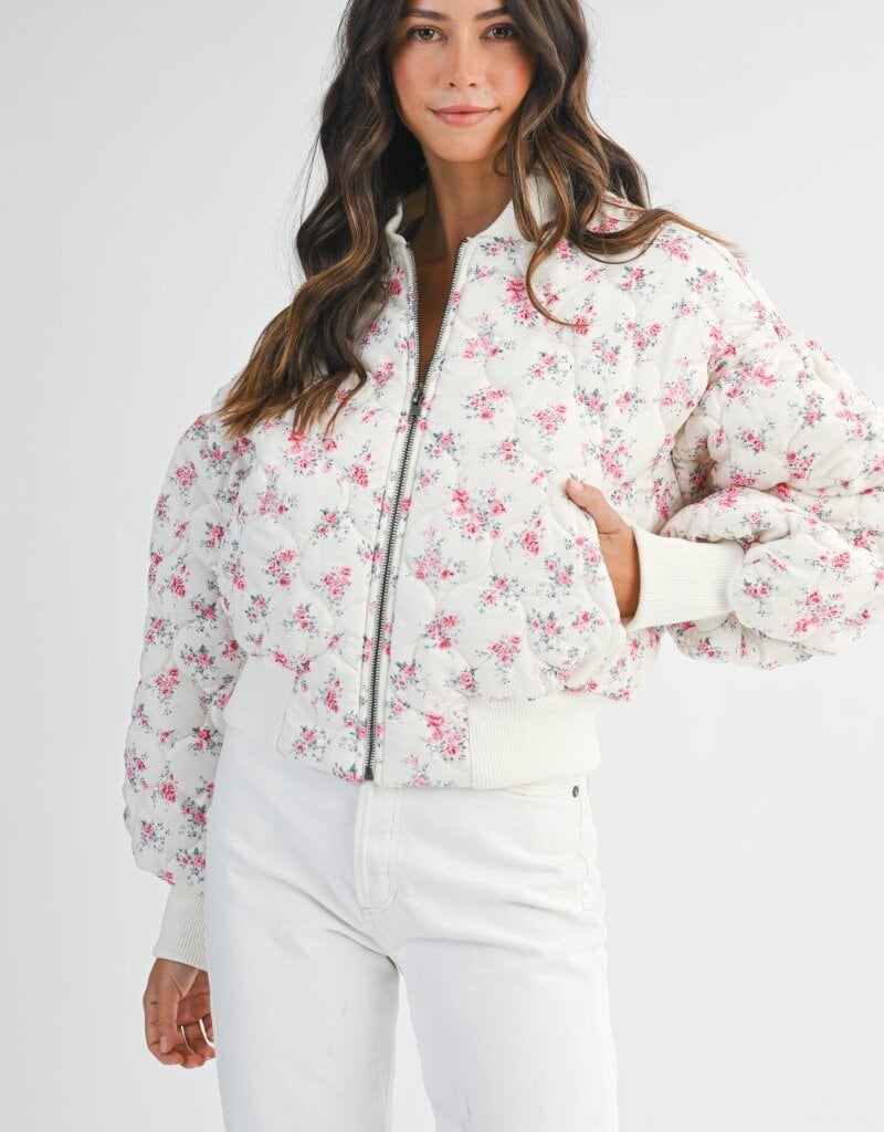Mable Jessica Quilted Bomber Jacket with Puff Sleeves in Pink Floral