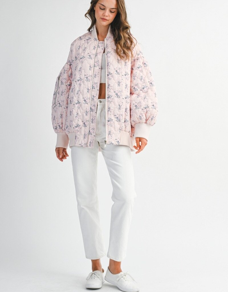 Mable Stacey Oversized Quilted Bomber Jacket with Puff Sleeves in Pink