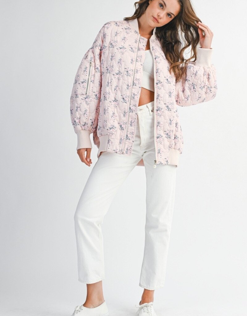 Mable Stacey Oversized Quilted Bomber Jacket with Puff Sleeves in Pink