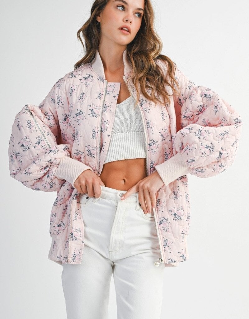 Mable Stacey Oversized Quilted Bomber Jacket with Puff Sleeves in Pink