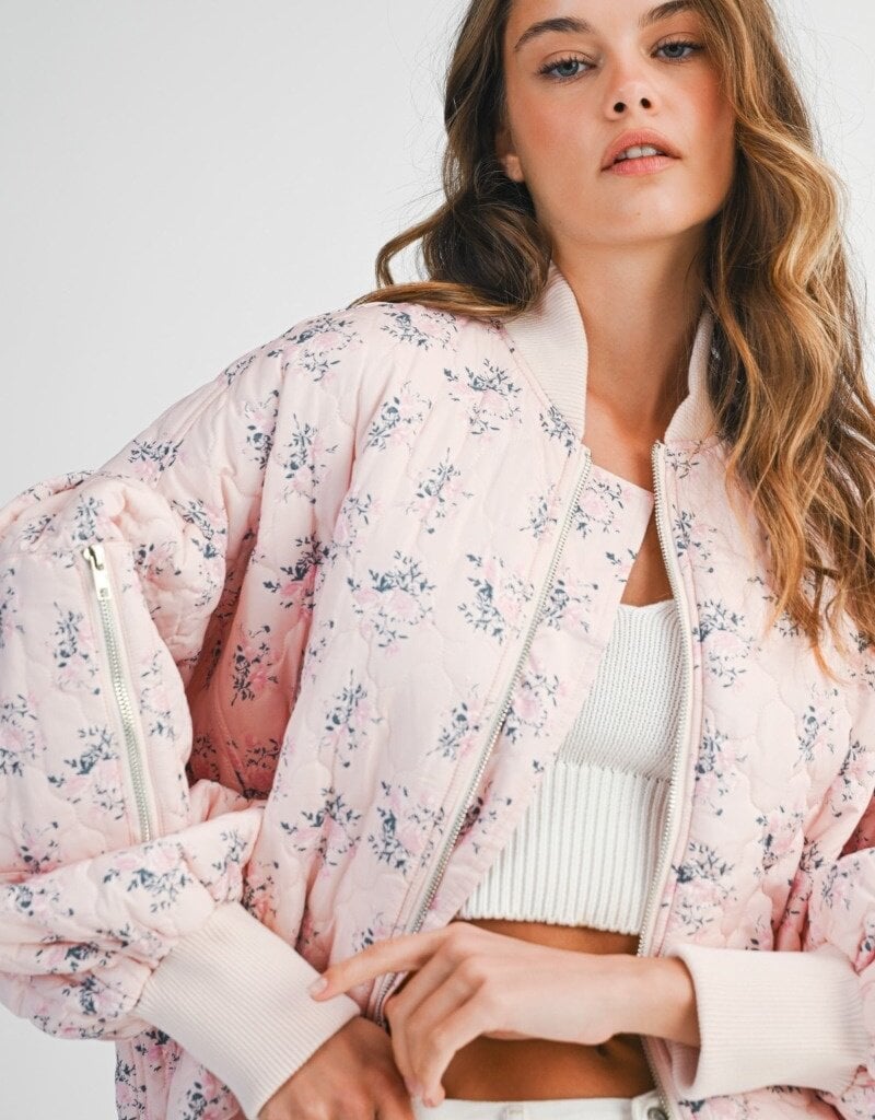 Mable Stacey Oversized Quilted Bomber Jacket with Puff Sleeves in Pink