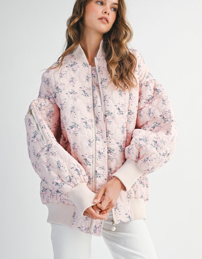 Mable Stacey Oversized Quilted Bomber Jacket with Puff Sleeves in Pink