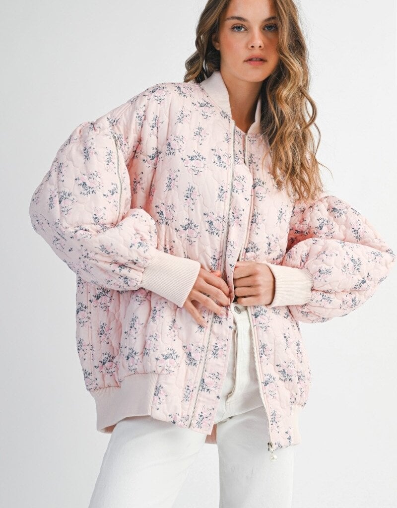 Mable Stacey Oversized Quilted Bomber Jacket with Puff Sleeves in Pink