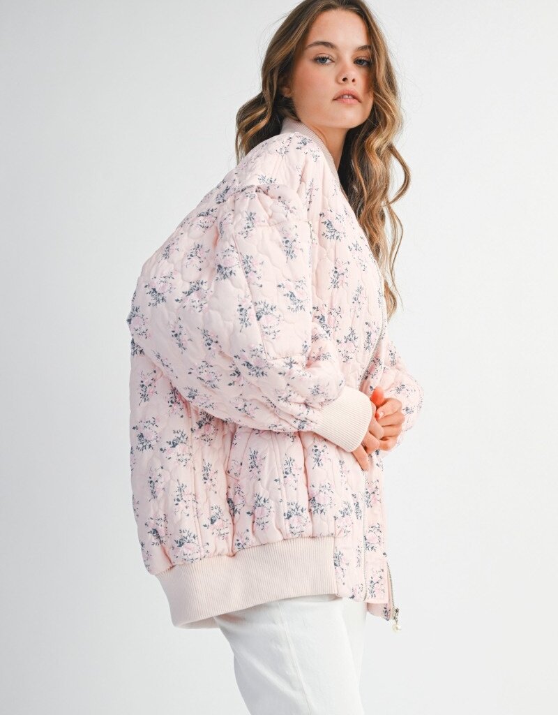 Mable Stacey Oversized Quilted Bomber Jacket with Puff Sleeves in Pink