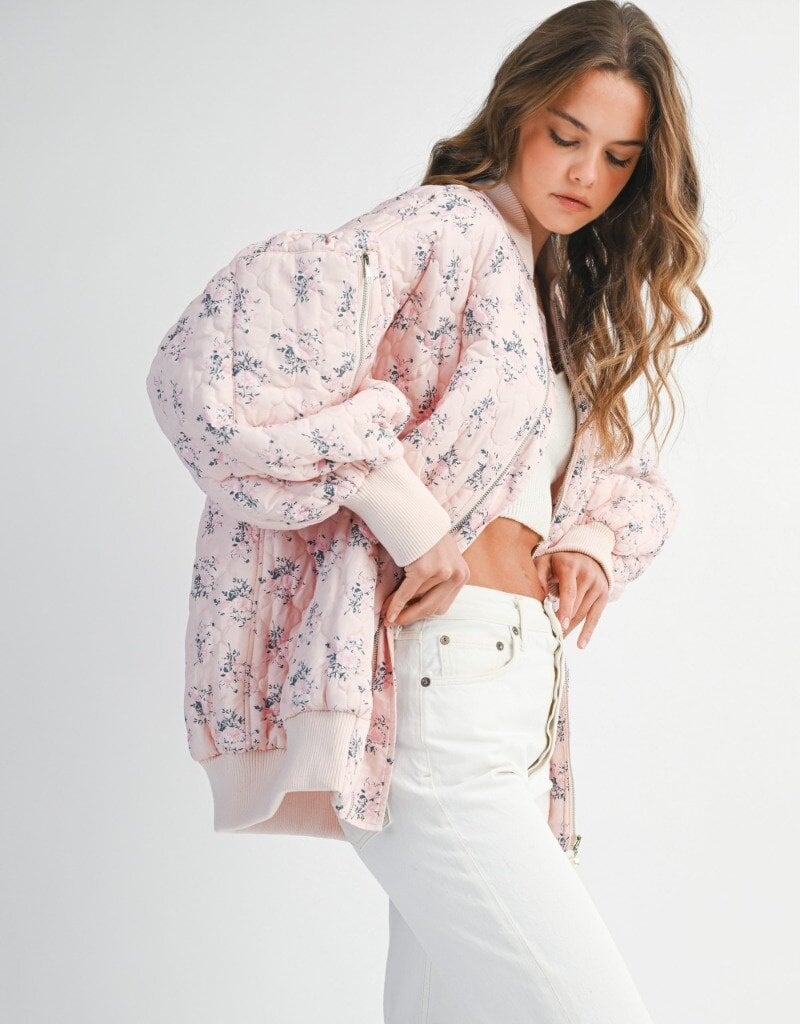 Mable Stacey Oversized Quilted Bomber Jacket with Puff Sleeves in Pink