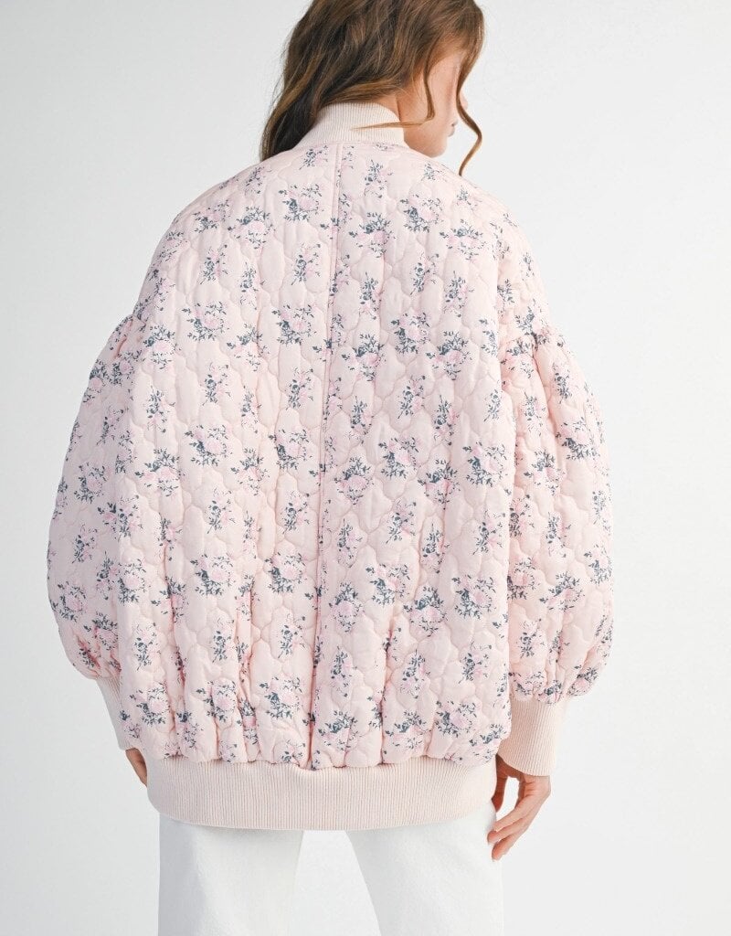 Mable Stacey Oversized Quilted Bomber Jacket with Puff Sleeves in Pink