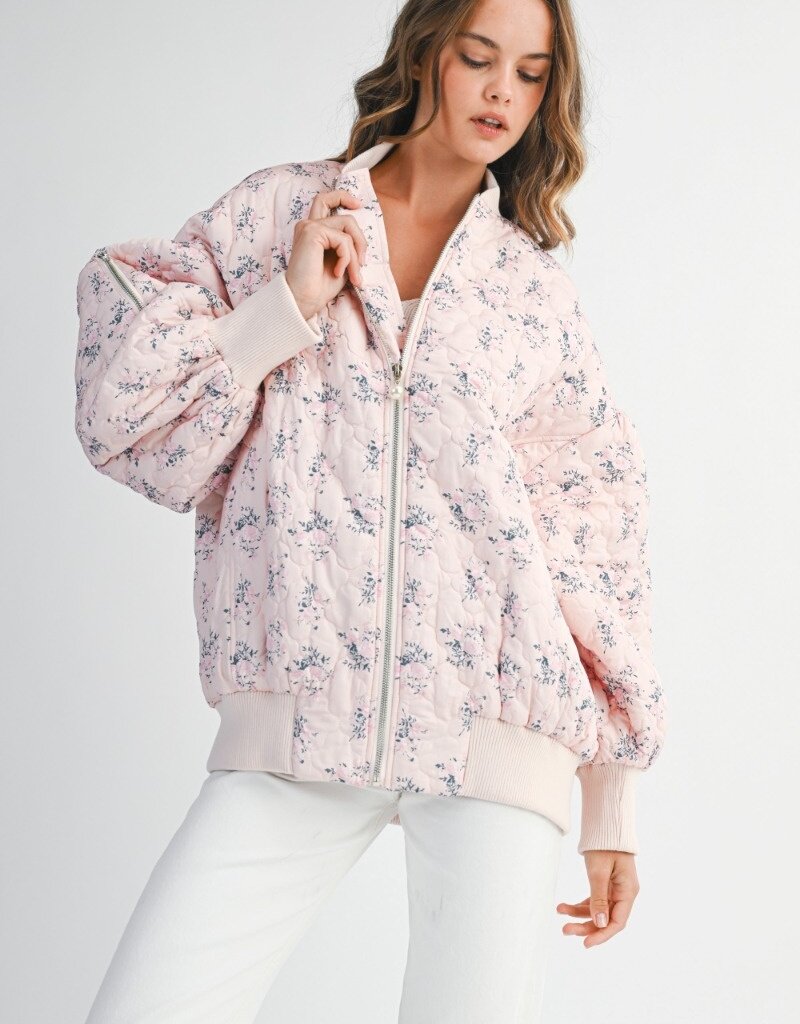 Mable Stacey Oversized Quilted Bomber Jacket with Puff Sleeves in Pink
