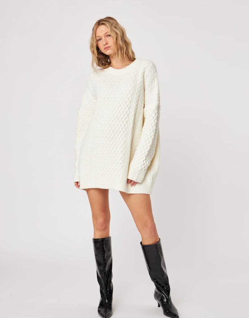 John and Jenn Kylo Cable Knit Sweater Dress in Frothed Cream