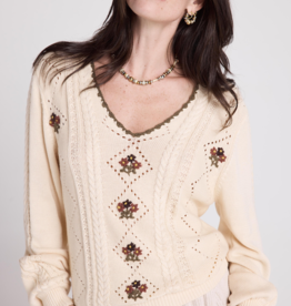 Louizon Grams Knit V-Neck With Embroidery Detail in Ecru