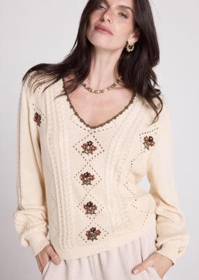 Louizon Grams Knit V-Neck With Embroidery Detail in Ecru