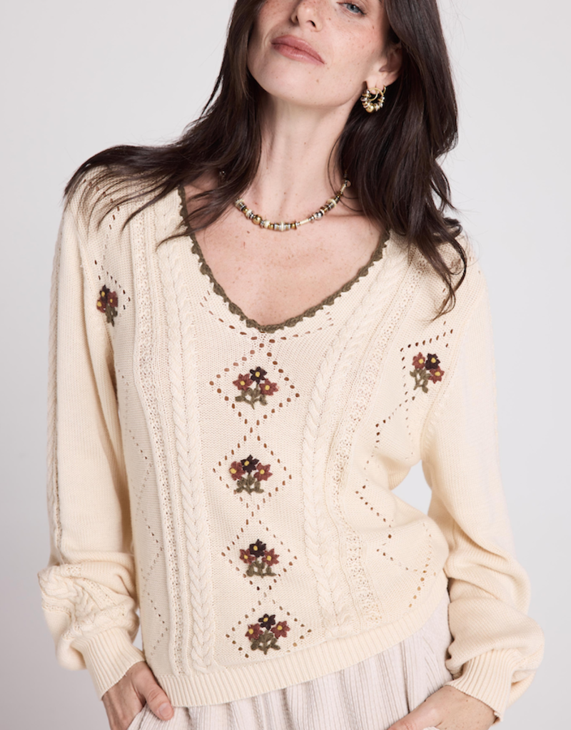 Louizon Grams Knit V-Neck With Embroidery Detail in Ecru