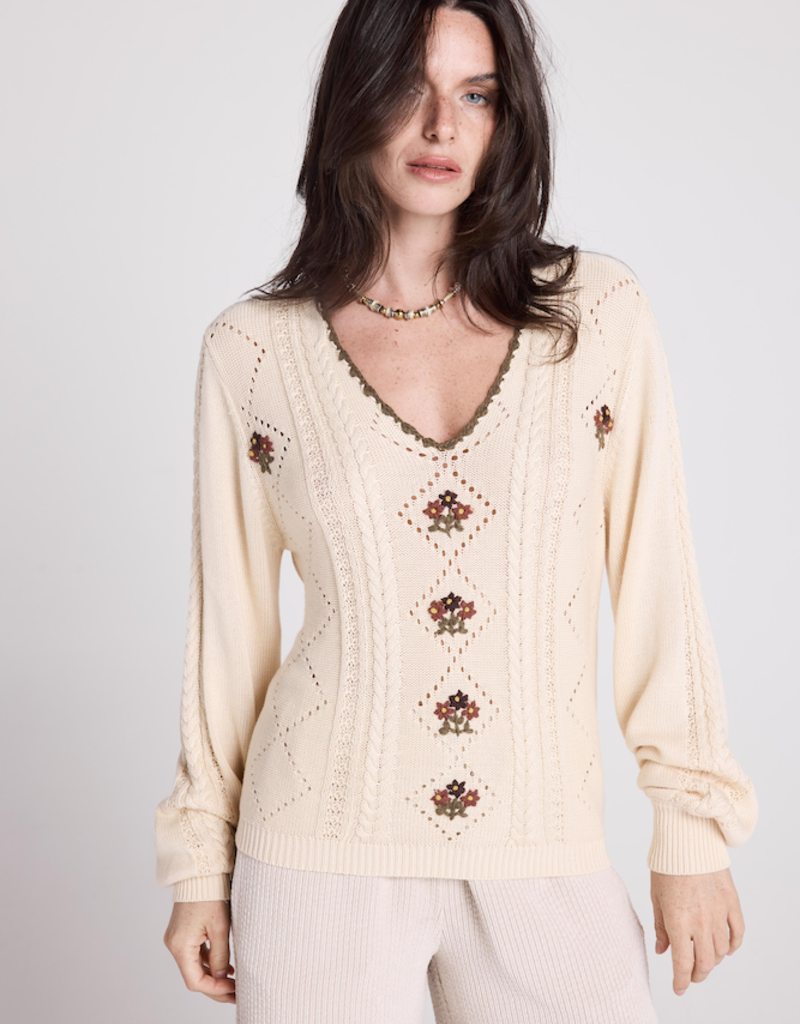 Louizon Grams Knit V-Neck With Embroidery Detail in Ecru