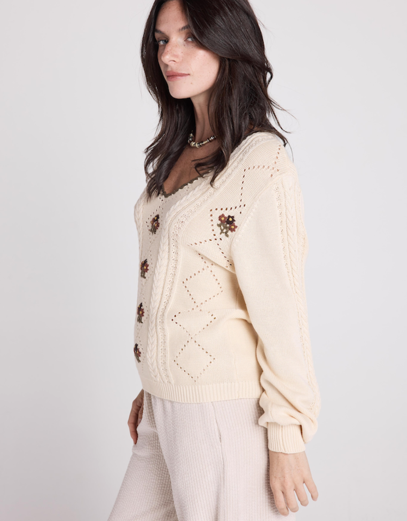 Louizon Grams Knit V-Neck With Embroidery Detail in Ecru