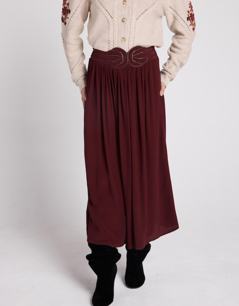 Louizon Feroe Belted Midi Skirt in Bordeaux