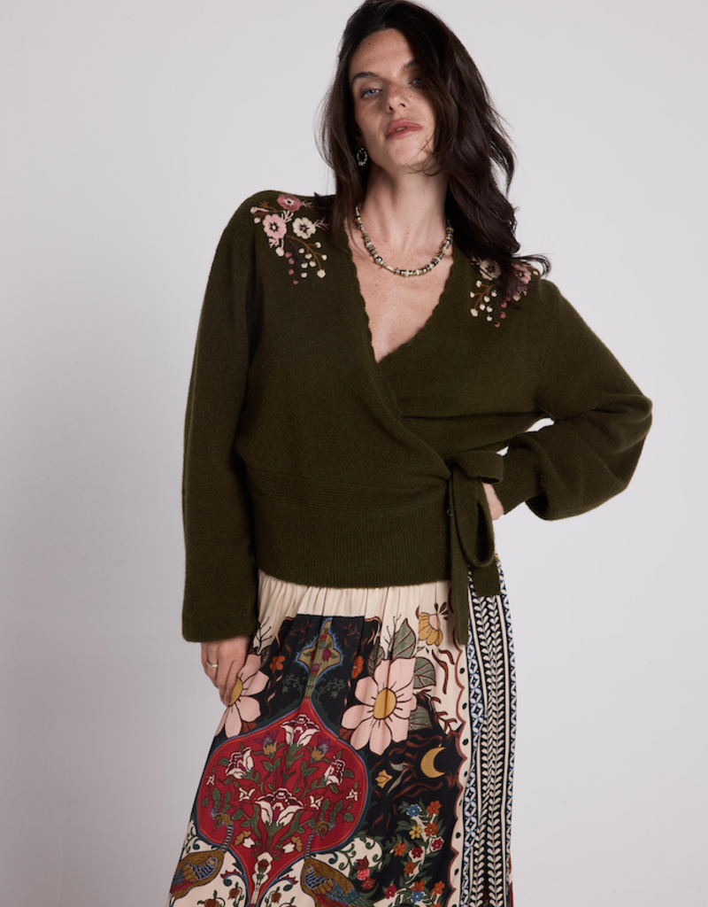 Louizon Cachecoeur Embroidered Shoulder Wrap Sweater in Olive