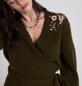 Louizon Cachecoeur Embroidered Shoulder Wrap Sweater in Olive