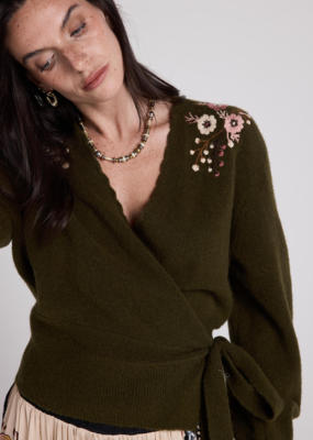 Louizon Cachecoeur Embroidered Shoulder Wrap Sweater in Olive