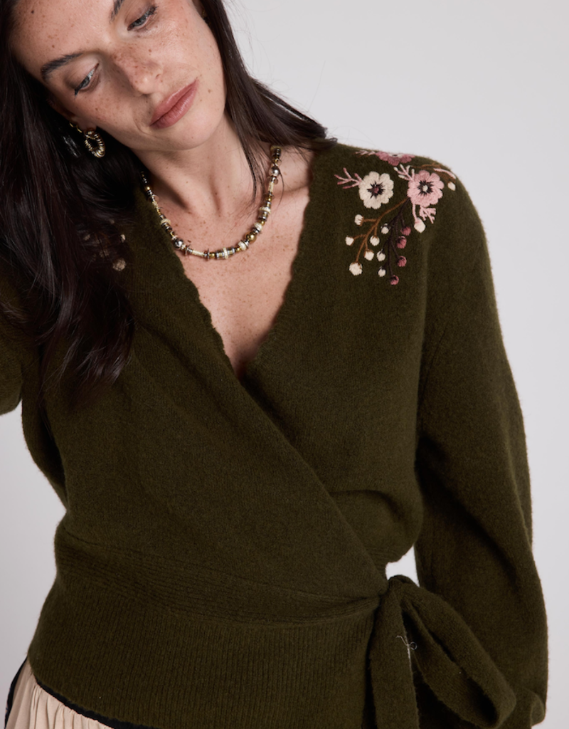 Louizon Cachecoeur Embroidered Shoulder Wrap Sweater in Olive