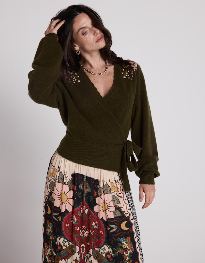 Louizon Cachecoeur Embroidered Shoulder Wrap Sweater in Olive