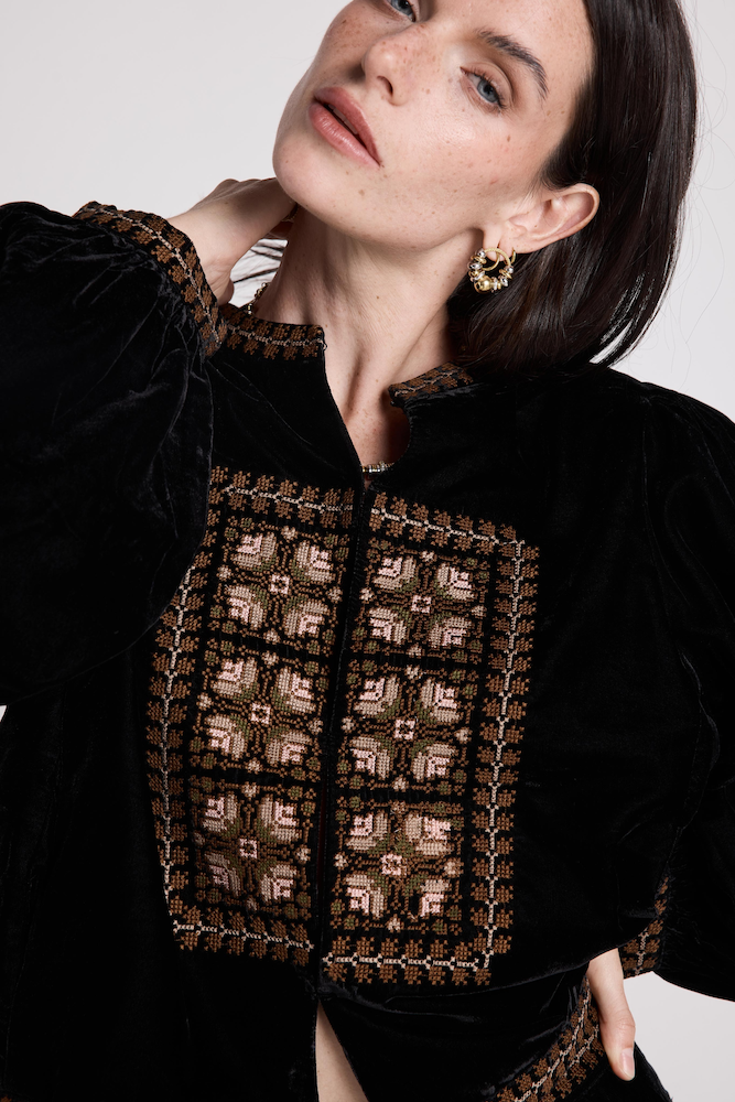Ciceron Velvet Jacket With Embroider Detail in Black - Adorn Boutique