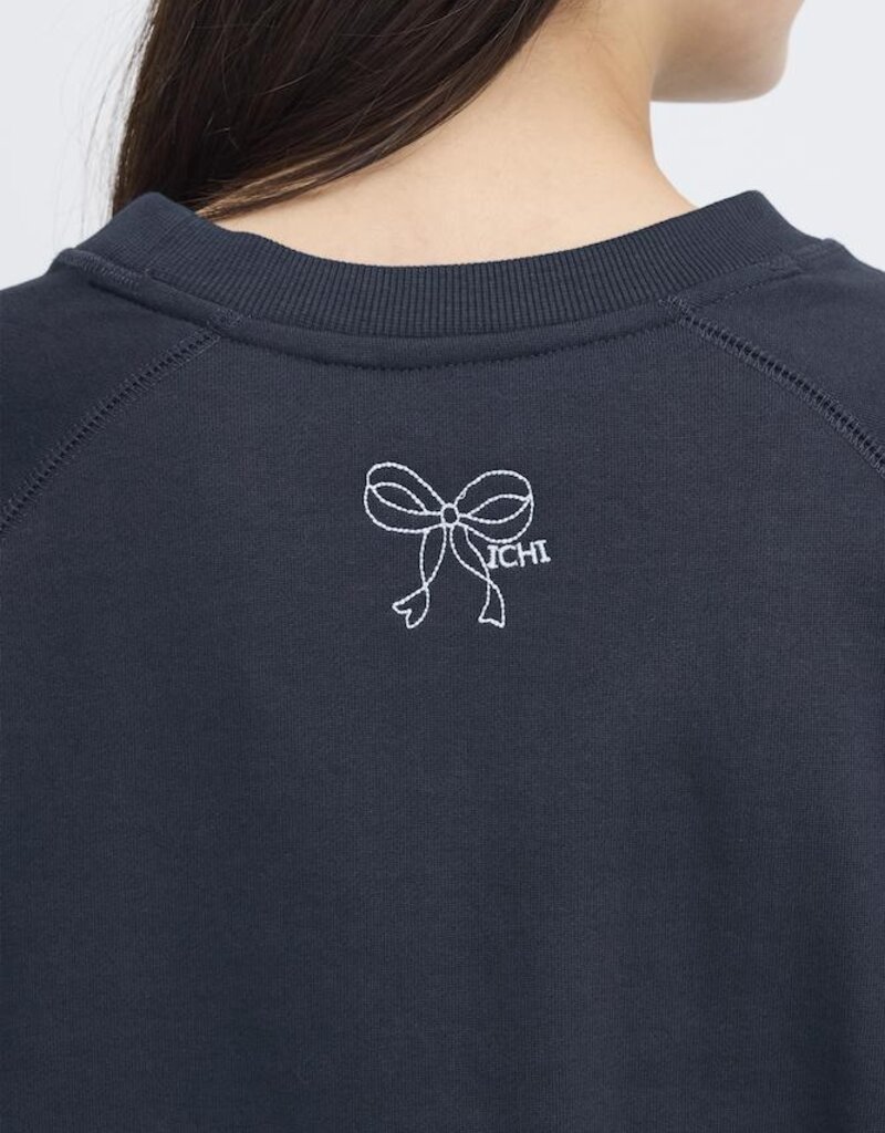 ICHI Marrot Bow Embroidered Crew Neck in Total Eclipse