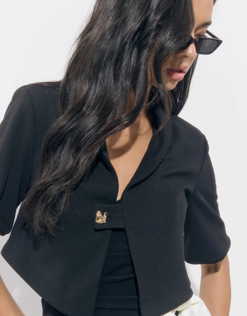 Adelyn Rae Lanis Short Overlay Jacket with Gold Button Closure