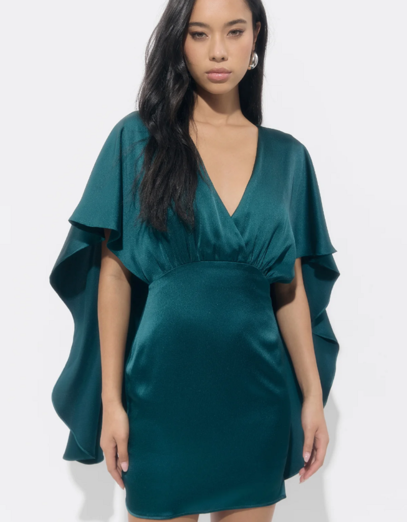 Adelyn Rae Aria Satin Cape Mini Dress in Dark Teal