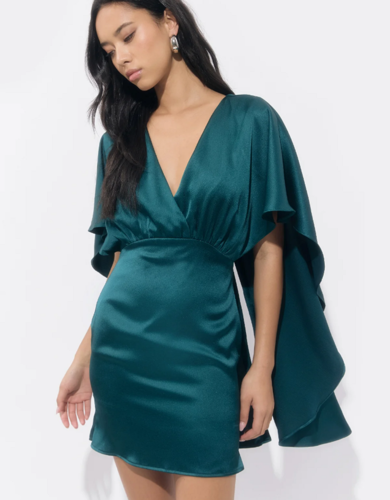Adelyn Rae Aria Satin Cape Mini Dress in Dark Teal