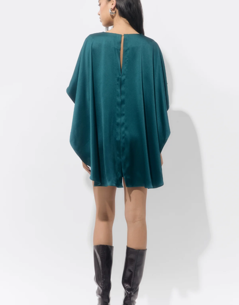 Adelyn Rae Aria Satin Cape Mini Dress in Dark Teal