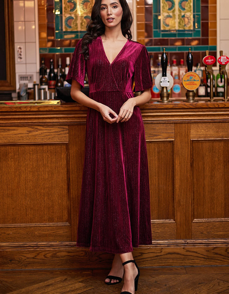 Angel Eye Dover Velvet Surplice Dress in Burgundy