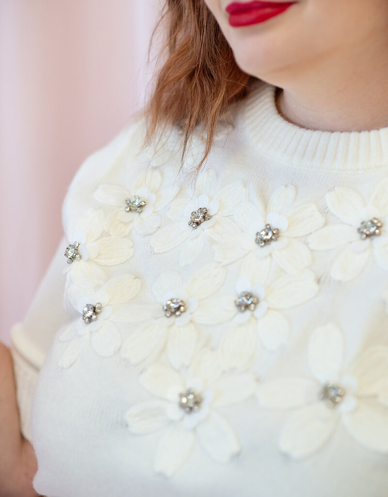 ASTRID Floral Short Sleeve Embellished Sweater